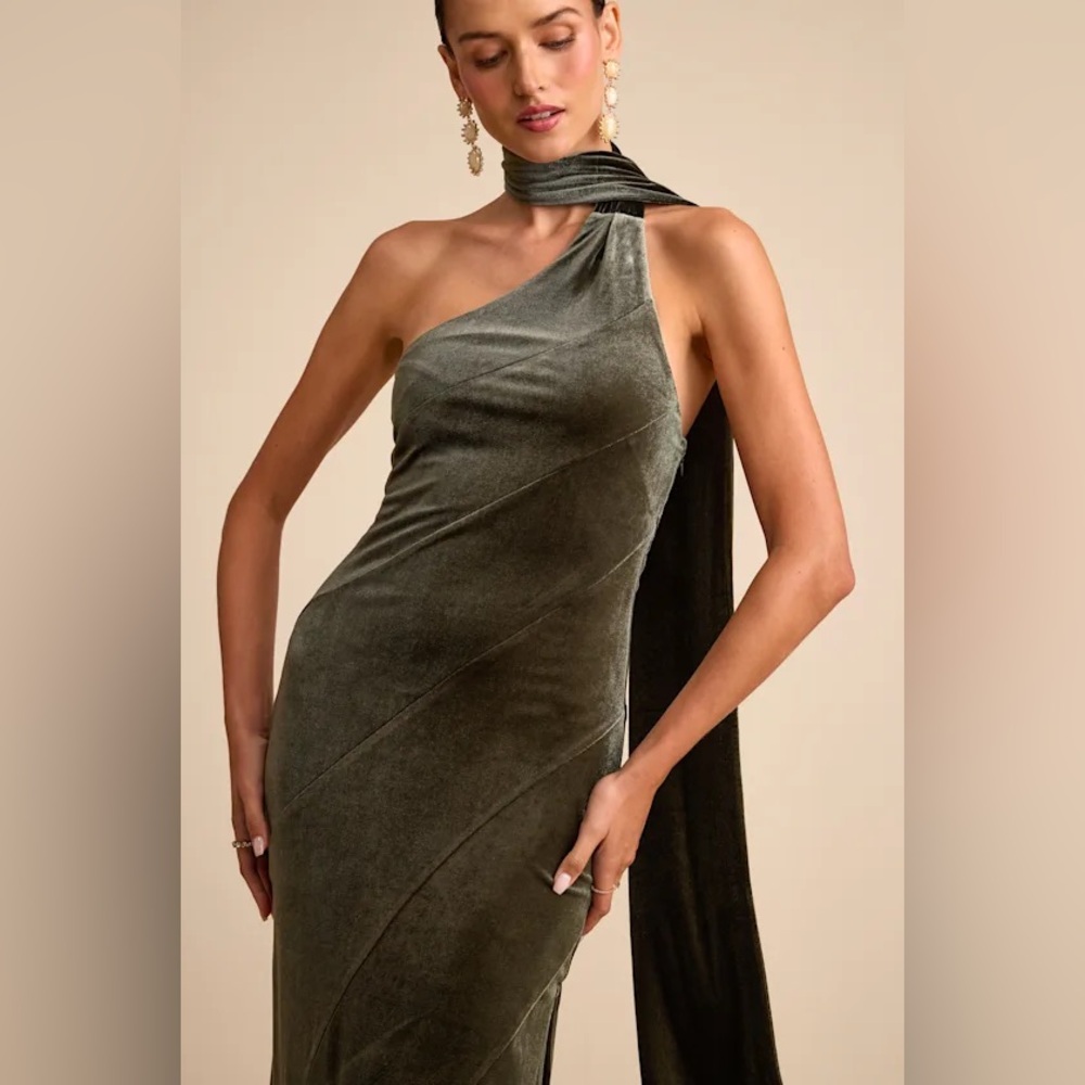 Olive velvet scarf dress